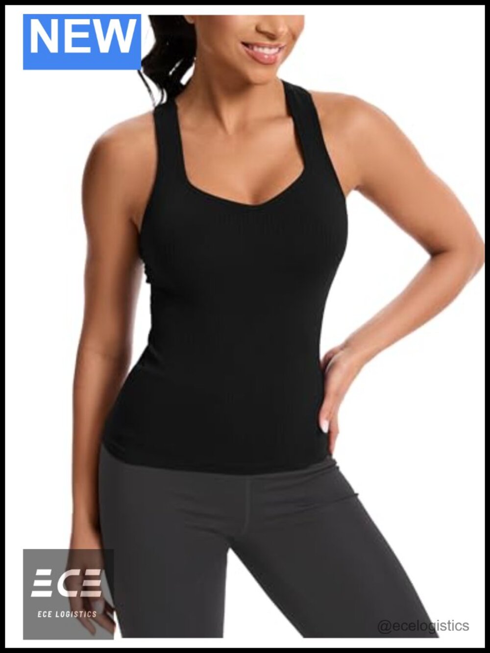 Ribbed Workout Tank Top with Built in Bra Seamless V-Neck Racerback